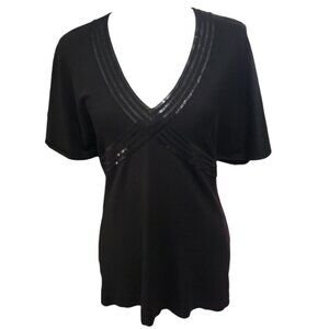 Ann Taylor LOFT Women's Black Knit V-Neck  Blouse with Black Sequins Medium